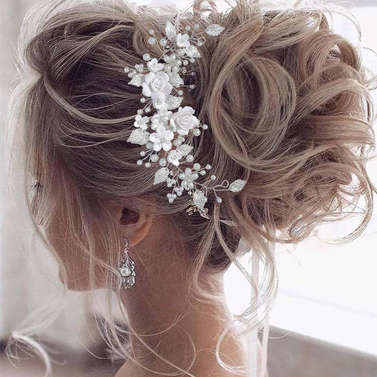 White Soft Clay Flower Headband Silver Alloy Leaves Wedding Hairpiece