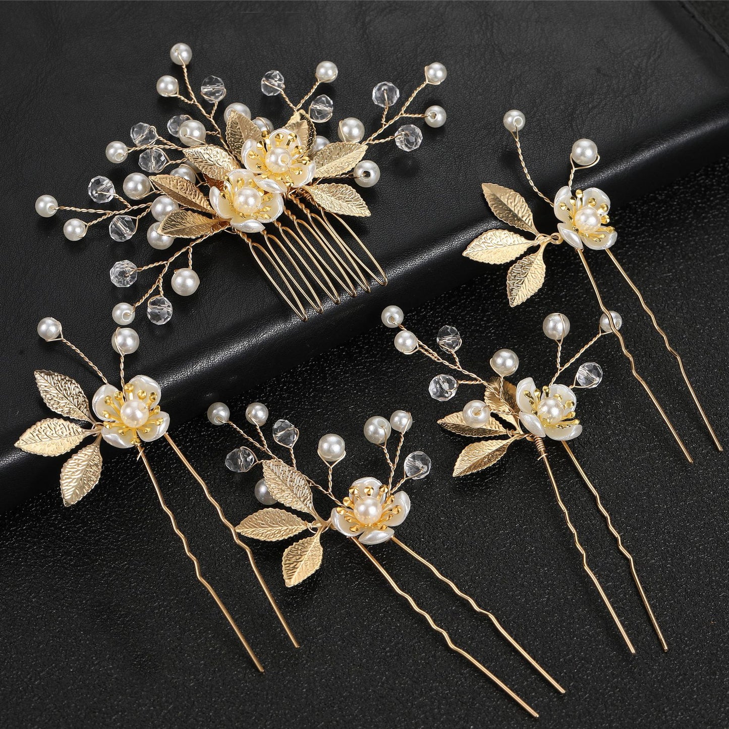 5 Piece Vintage Bridal Hair Clip Set with Pearls and Gold Leaves