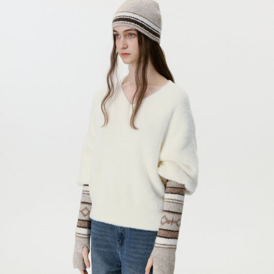 Retro Color Block Knitted Hat & Mittens Set