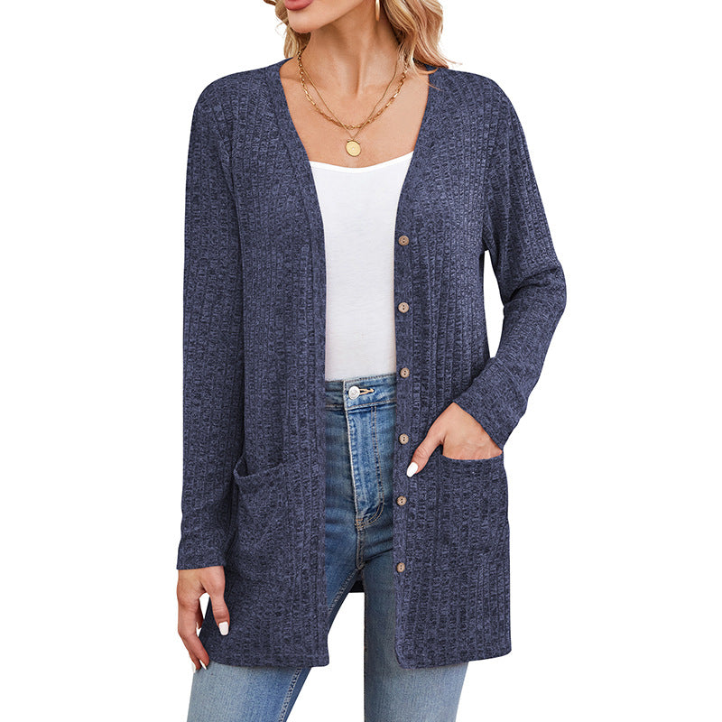 Casual Solid Color Long Sleeve Cardigan with Pockets