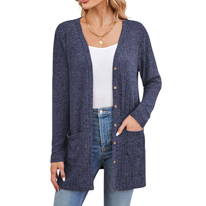 Casual Solid Color Long Sleeve Cardigan with Pockets