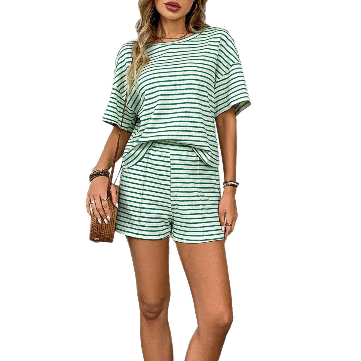 Trendy Casual Knitted Striped Shorts Sports Set for Women