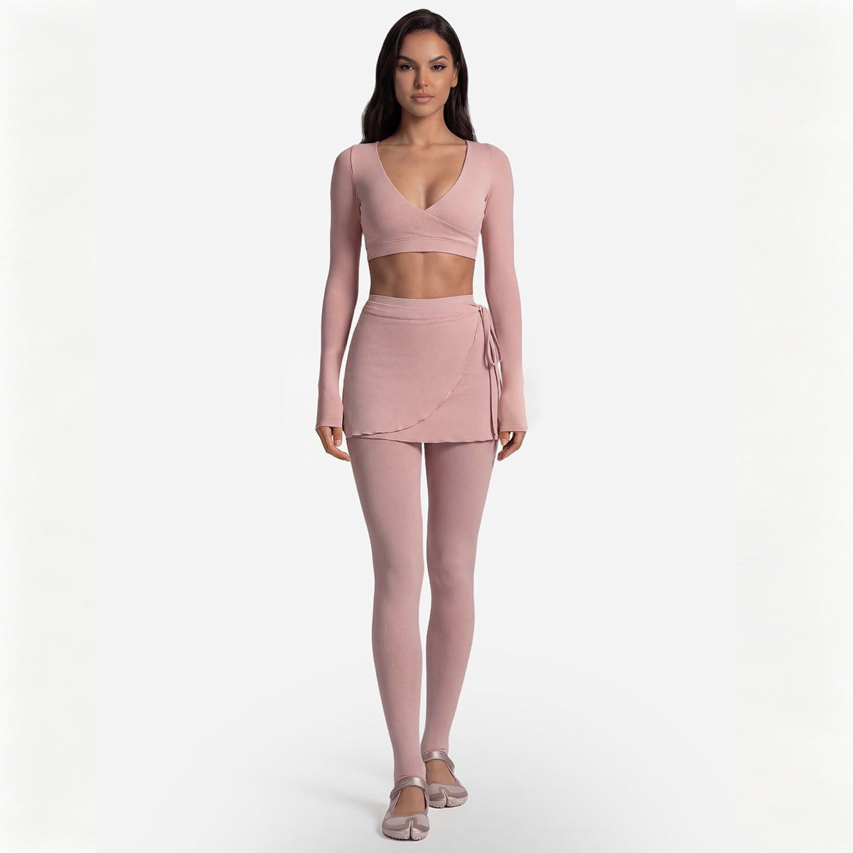 Long Sleeve Cross-Back Workout Skirt Set Women Ballet Style Yoga Outfit