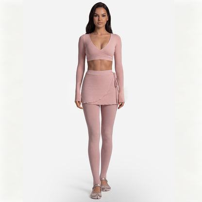 Long Sleeve Cross-Back Workout Skirt Set Women Ballet Style Yoga Outfit