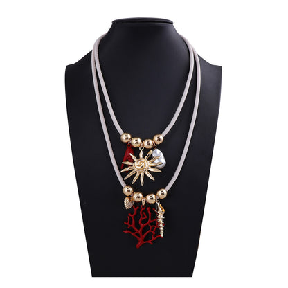 Layered Sun Coral Faux Pearl Leather Necklace