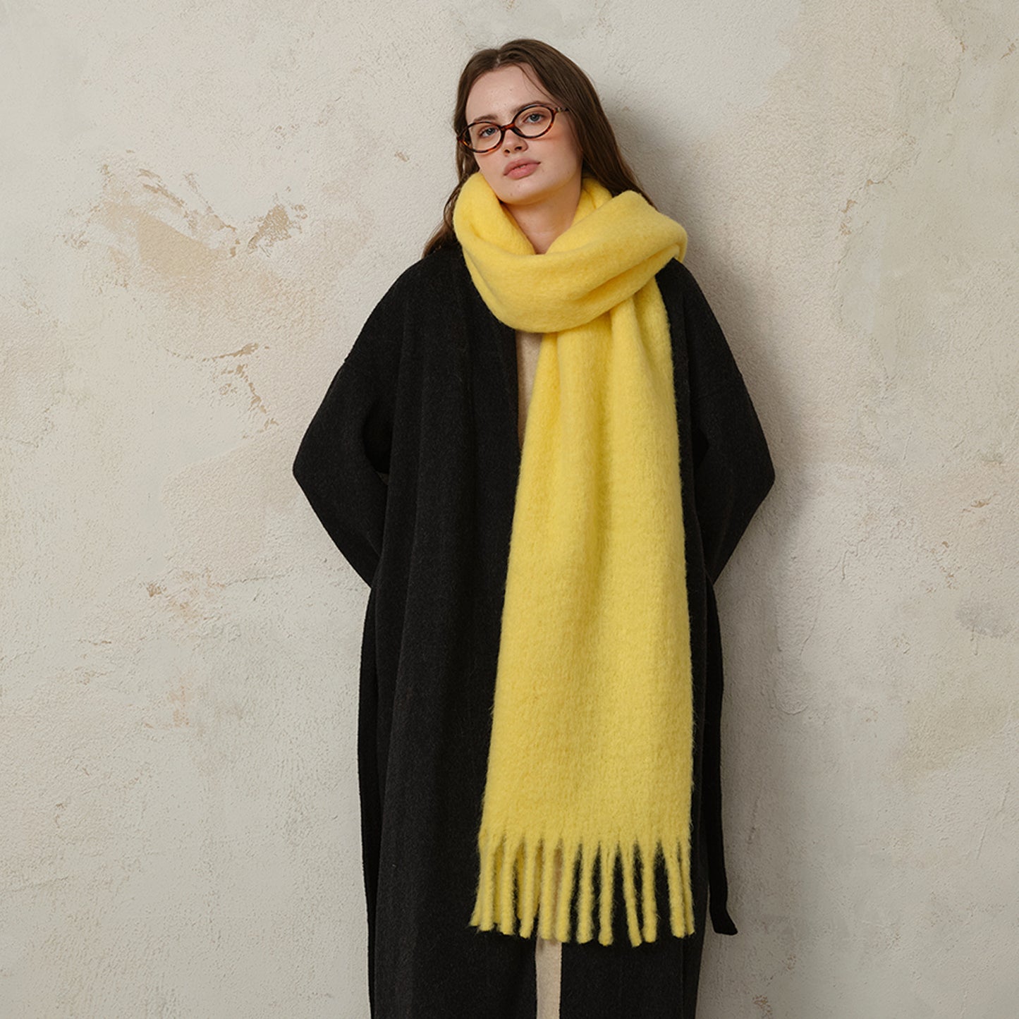 Classic Wool Blend Solid Color Fringed Scarf for Women
