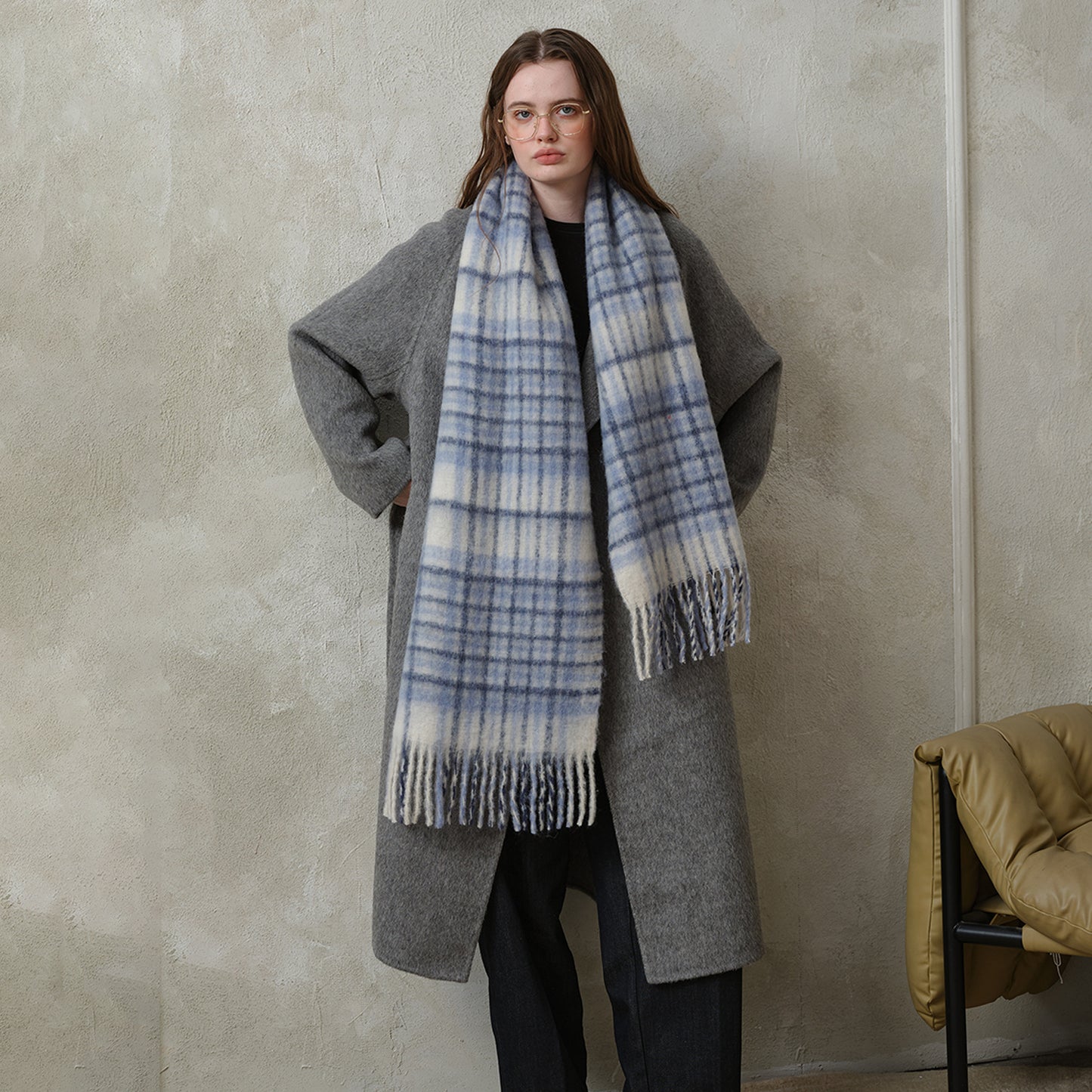 Designer Plaid Fringe Wool Scarf Stylish Winter Accessory