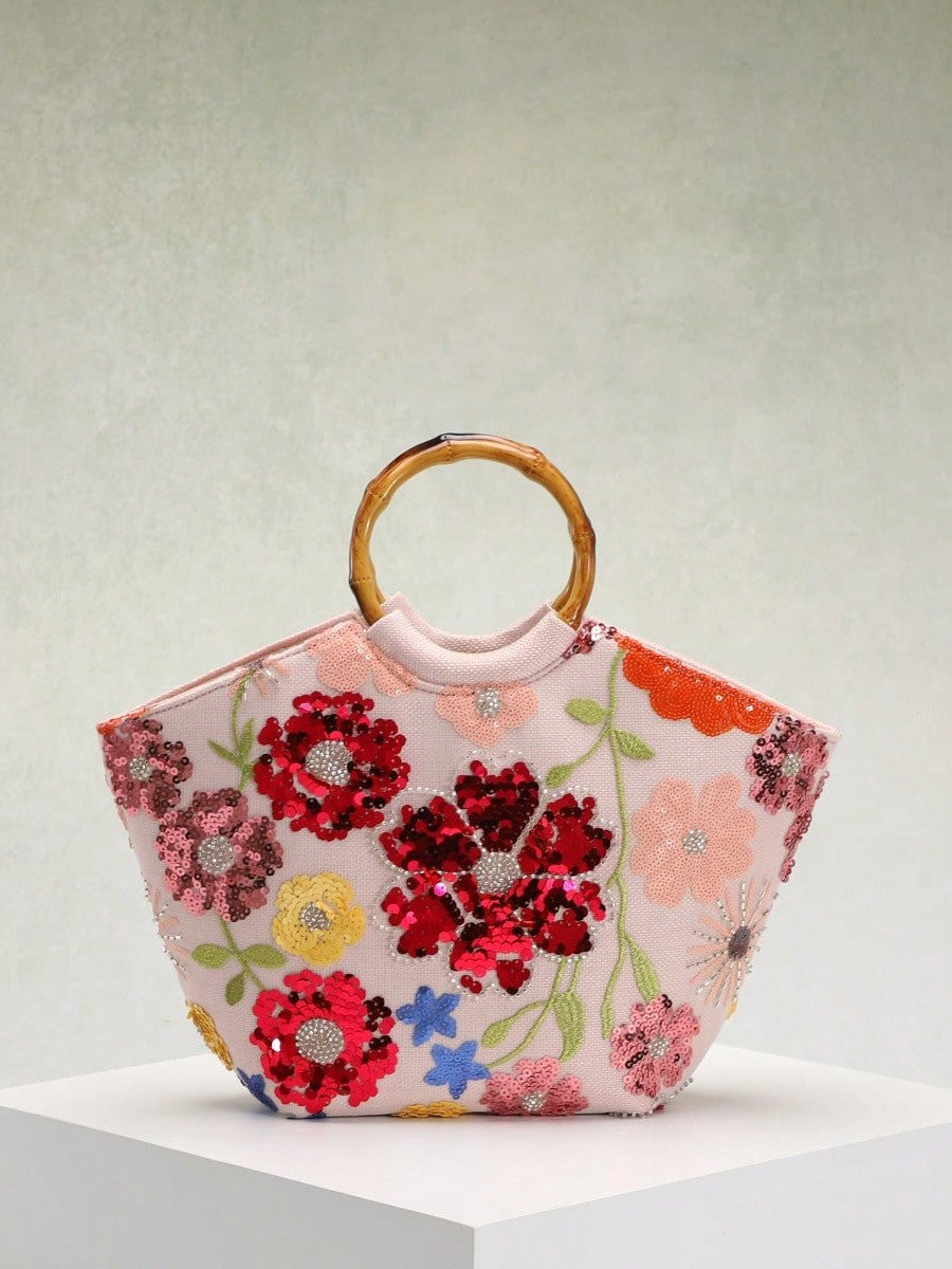 Elegant Seaside Embroidered Floral Tote Bag