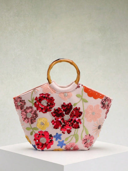 Elegant Seaside Embroidered Floral Tote Bag