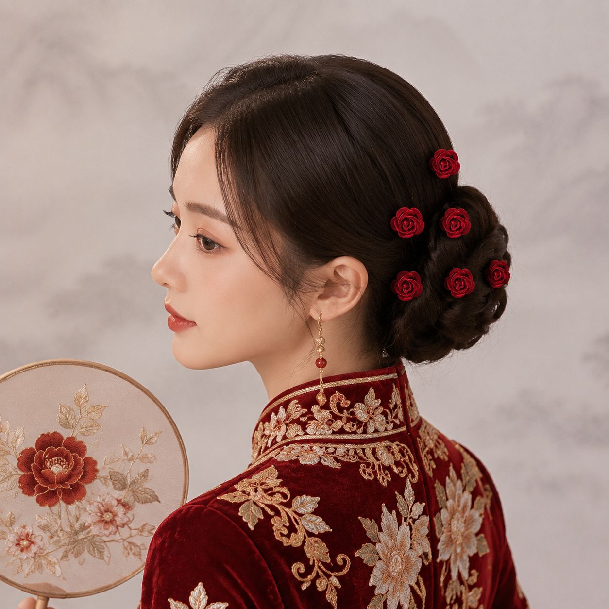 Red Rose U-Shaped Hairpin Set for Traditional Chinese Dress