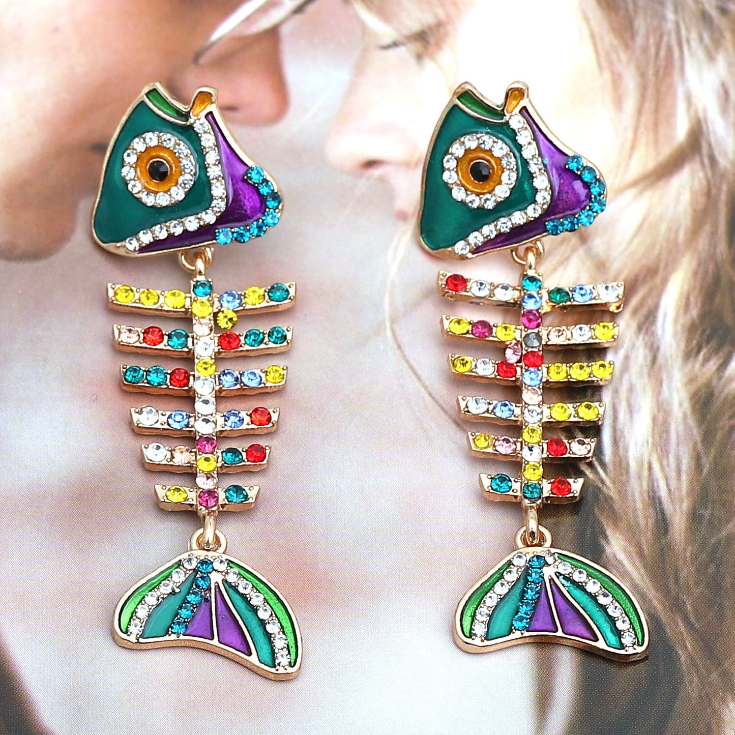 Earrings Fishbone Rhinestone Dangle Retro Chic