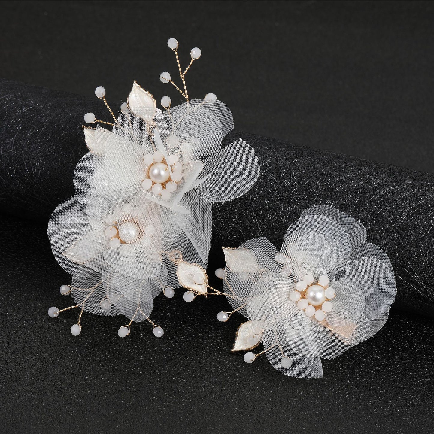 Beige Organza Flower Leaf Alloy Hair Clips Set Bridal Wedding Hair Accessories