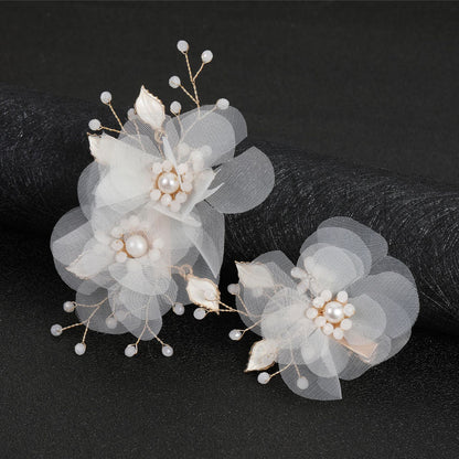 Beige Organza Flower Leaf Alloy Hair Clips Set Bridal Wedding Hair Accessories