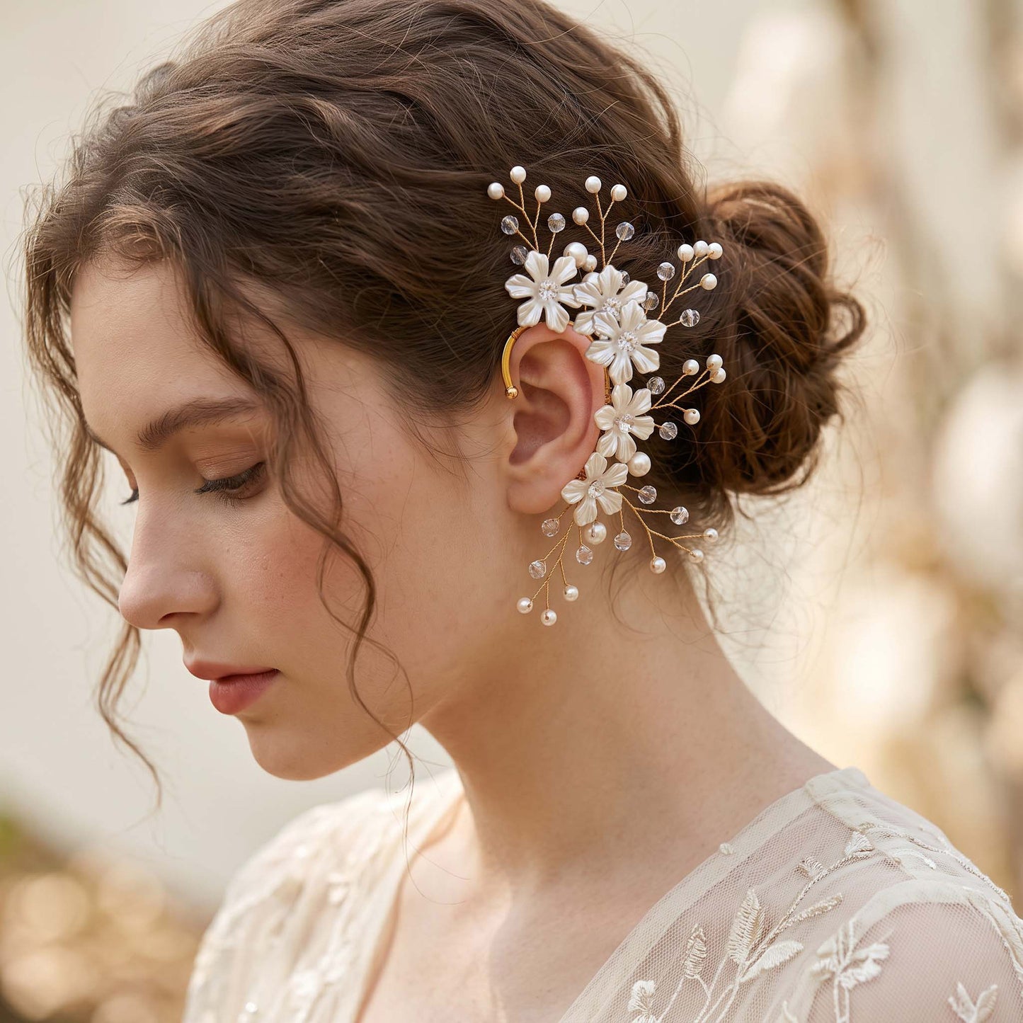 Handcrafted Pearl Flower Earrings Sweet Style Ear Cuff