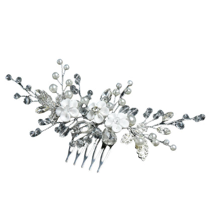 White Handmade Floral Crystal Beaded Bridal Hairpiece
