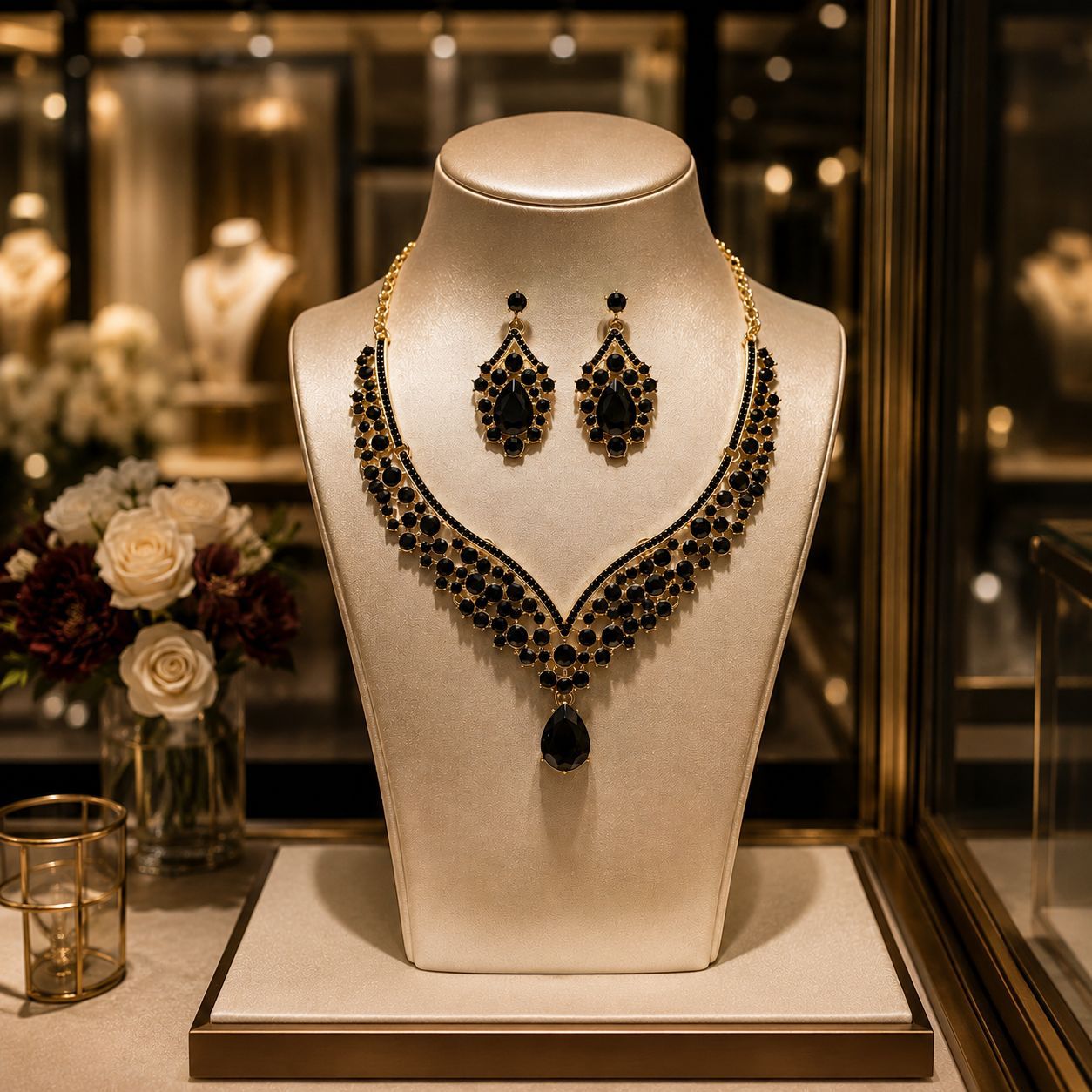 Retro Alloy Rhinestone Jewelry Set Elegant Necklace and Earrings for Evening Wear