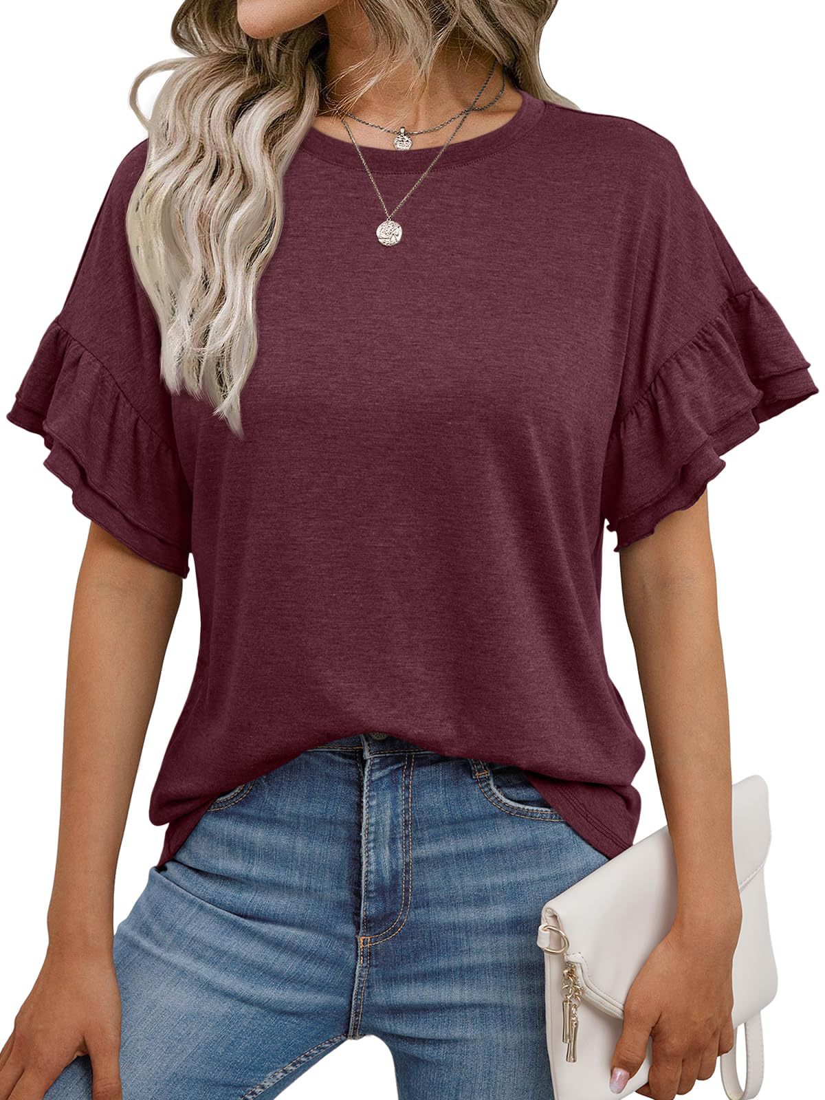 Solid Color Ruffle Sleeve T-Shirt for Women