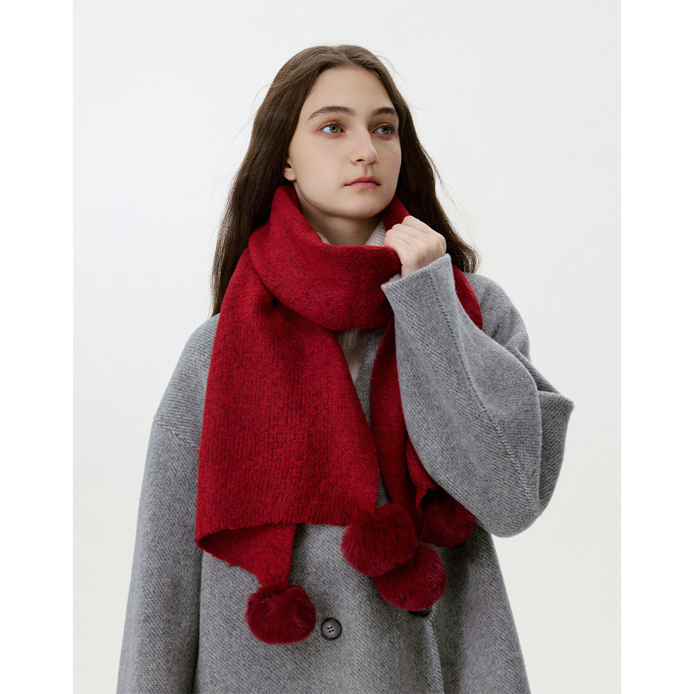 Cozy Solid Color Knitted Scarf with Pom Poms for Women