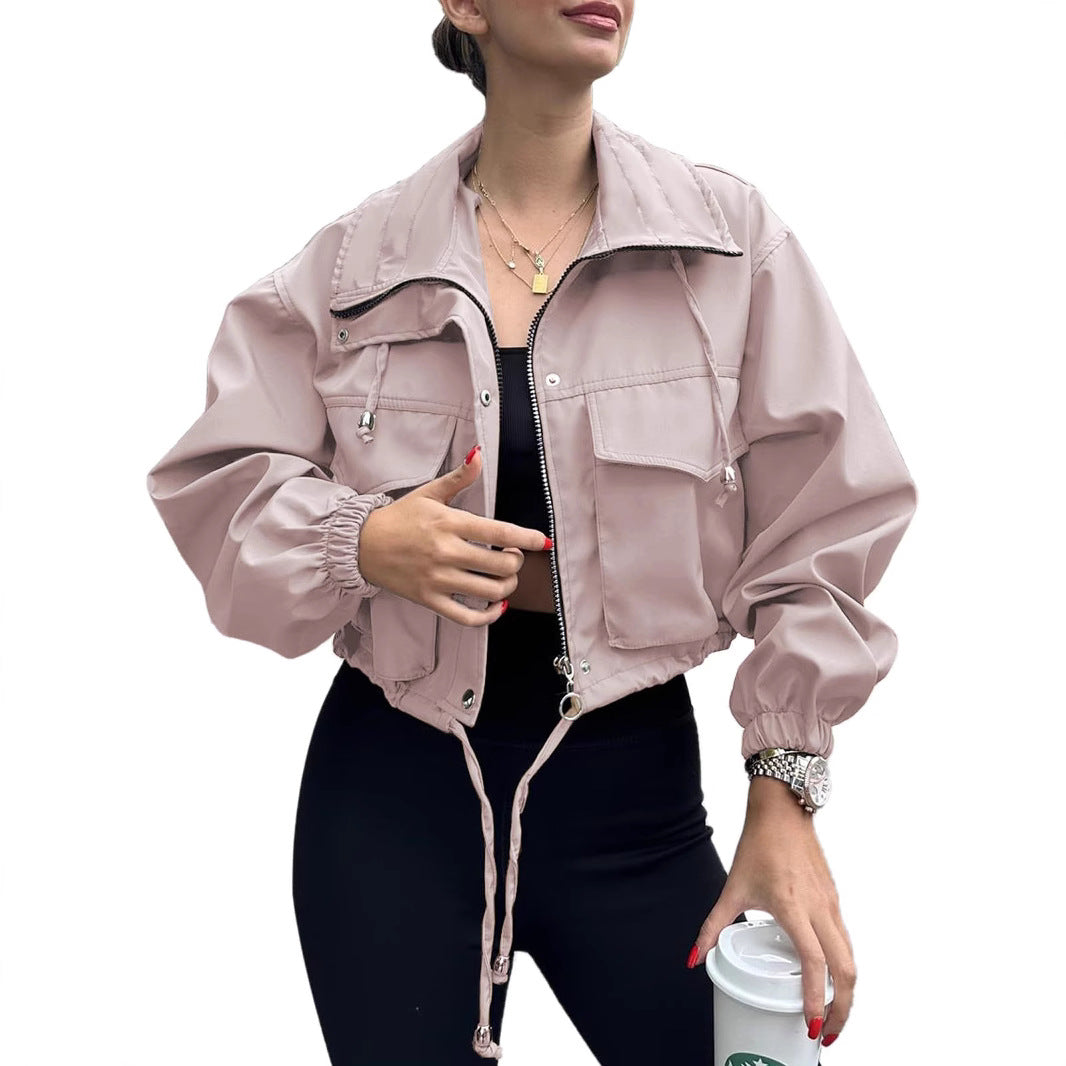 Women’s Solid Color Short Jacket with Zipper