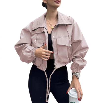 Women’s Solid Color Short Jacket with Zipper