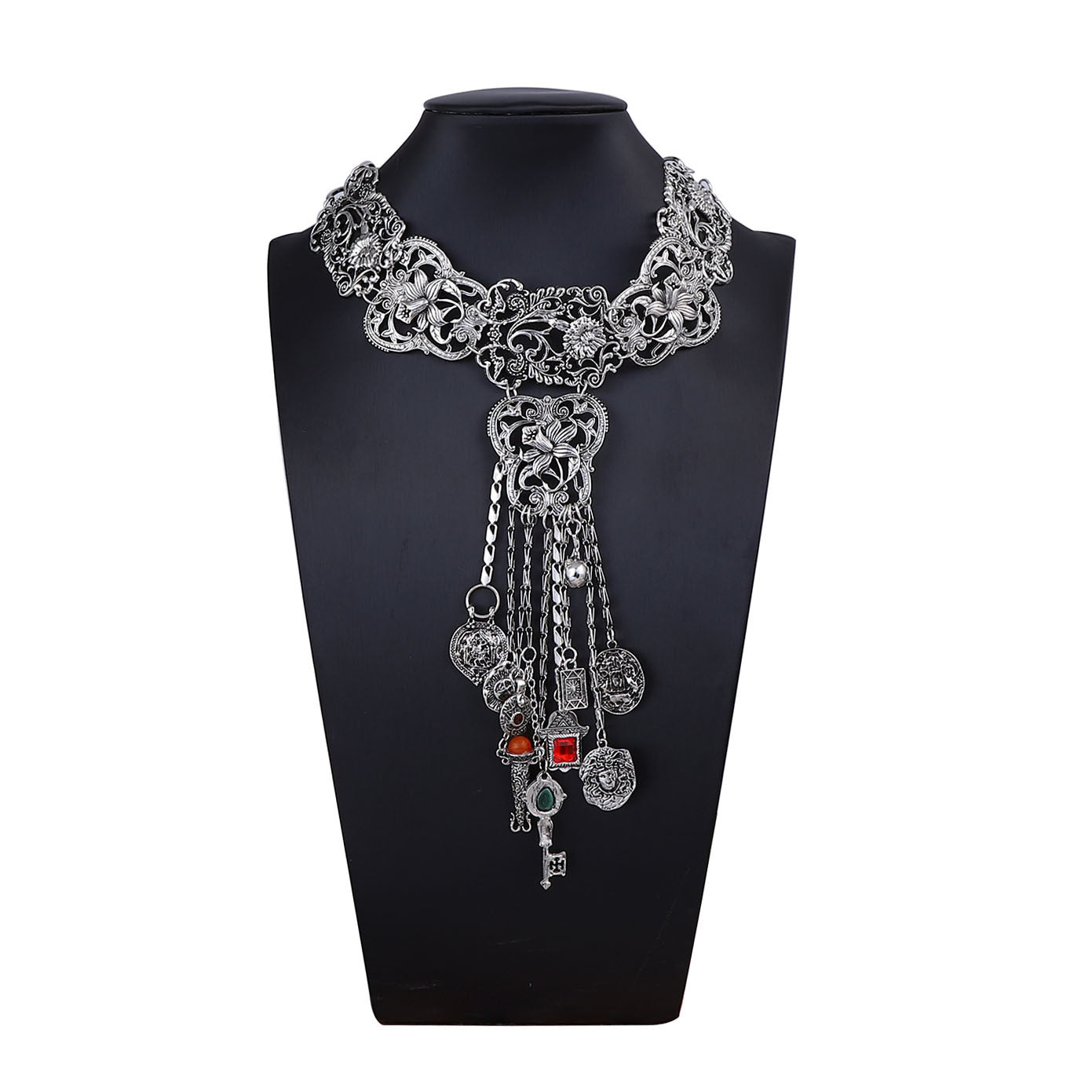 Bohemian Geometric Floral Tassel Statement Necklace
