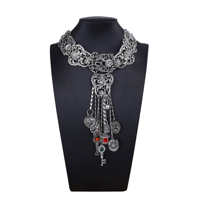 Bohemian Geometric Floral Tassel Statement Necklace