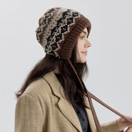 Fair Isle Knit Beanie Hat with Ear Covers - Windproof and Warm