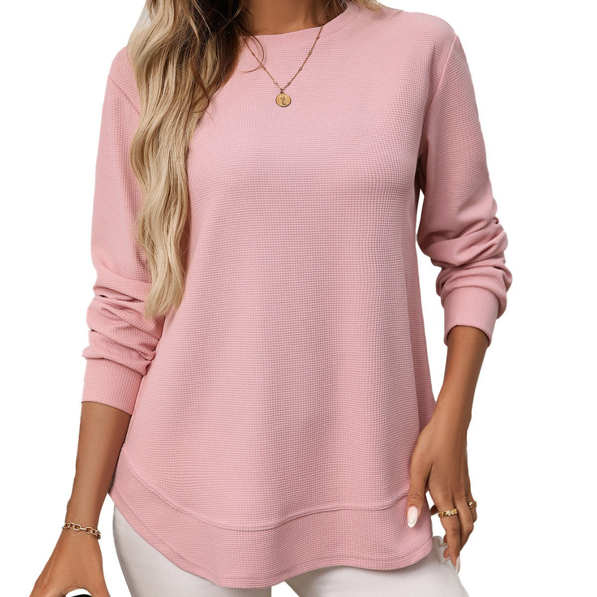 Casual Loose Waffle Knit Long Sleeve T-Shirt