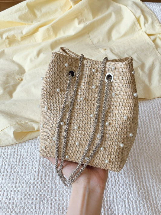 Trendy Woven Bucket Bag with Pearl and Rhinestone Detail