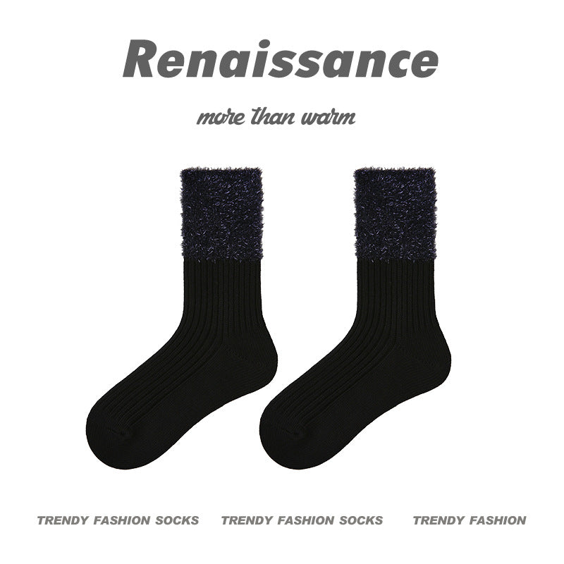 Cozy Mid Calf Colorblock Cotton Faux Mink Socks