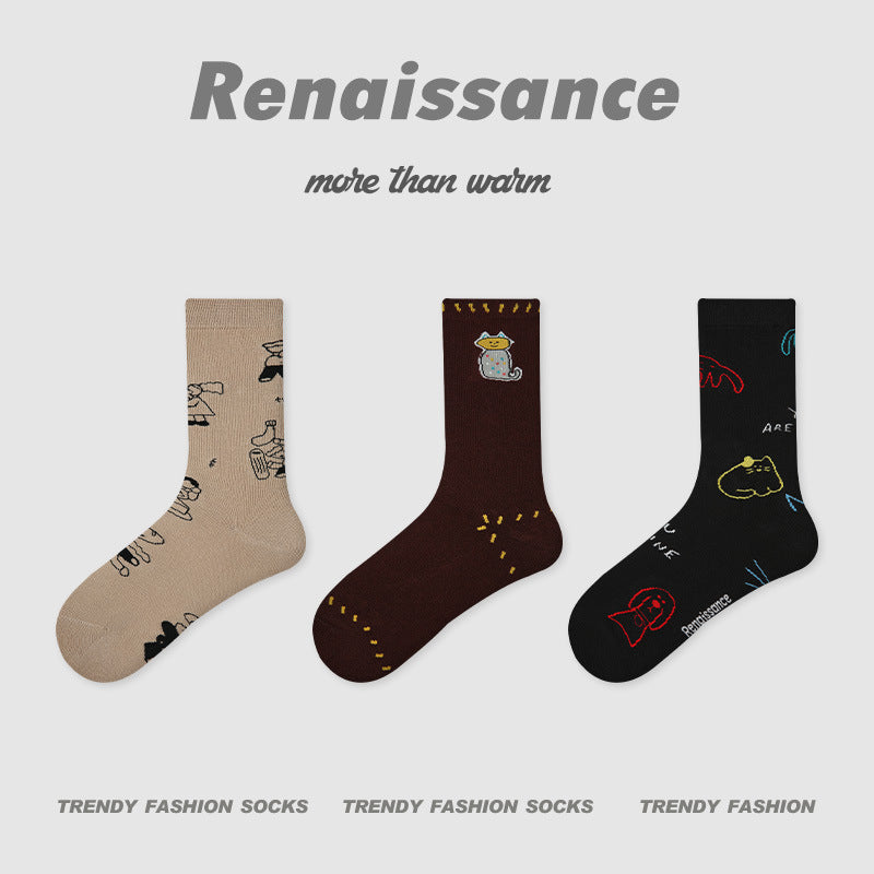 Butterfly Floral Combed Cotton Mid Calf Socks