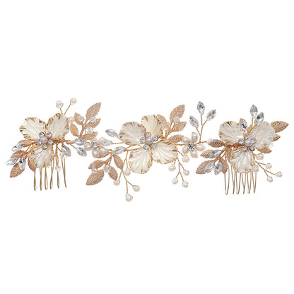 Bridal Hair Pin Comb with Gold Floral Design and Pearls