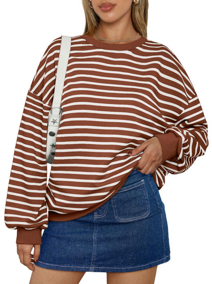Colorful Striped Crew Neck Loose Sweatshirt for Women