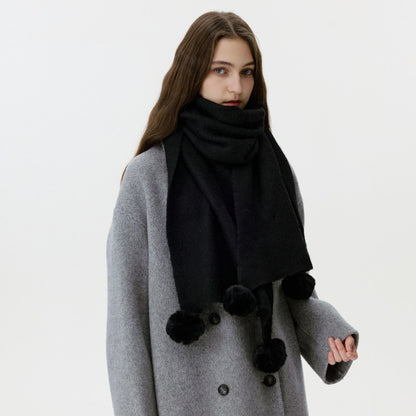 Cozy Solid Color Knitted Scarf with Pom Poms for Women