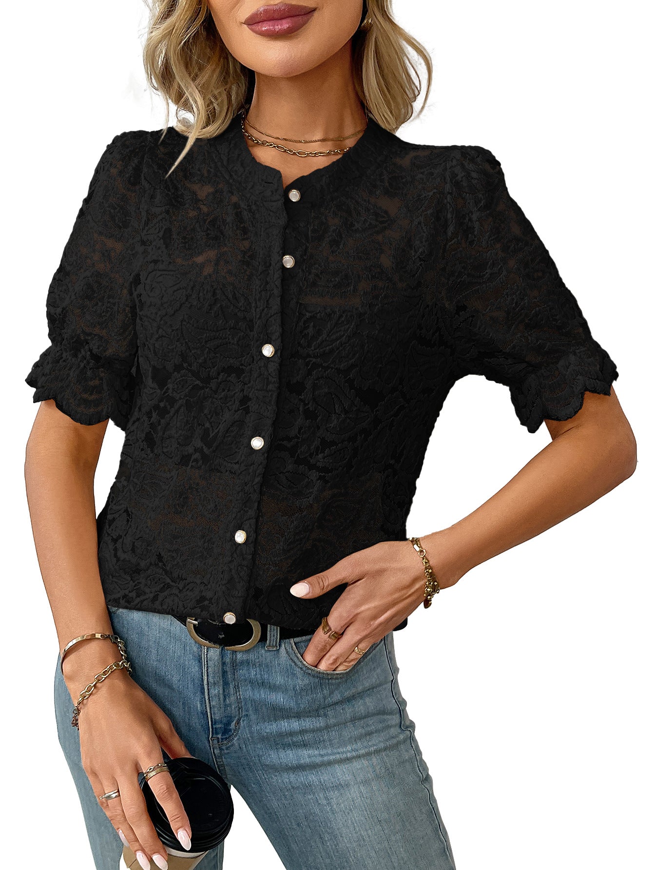 Summer Lace Short Sleeve Button-Up Shirt for Women