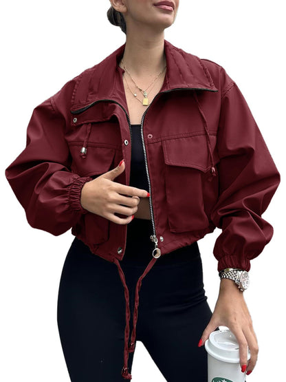 Women’s Solid Color Short Jacket with Zipper