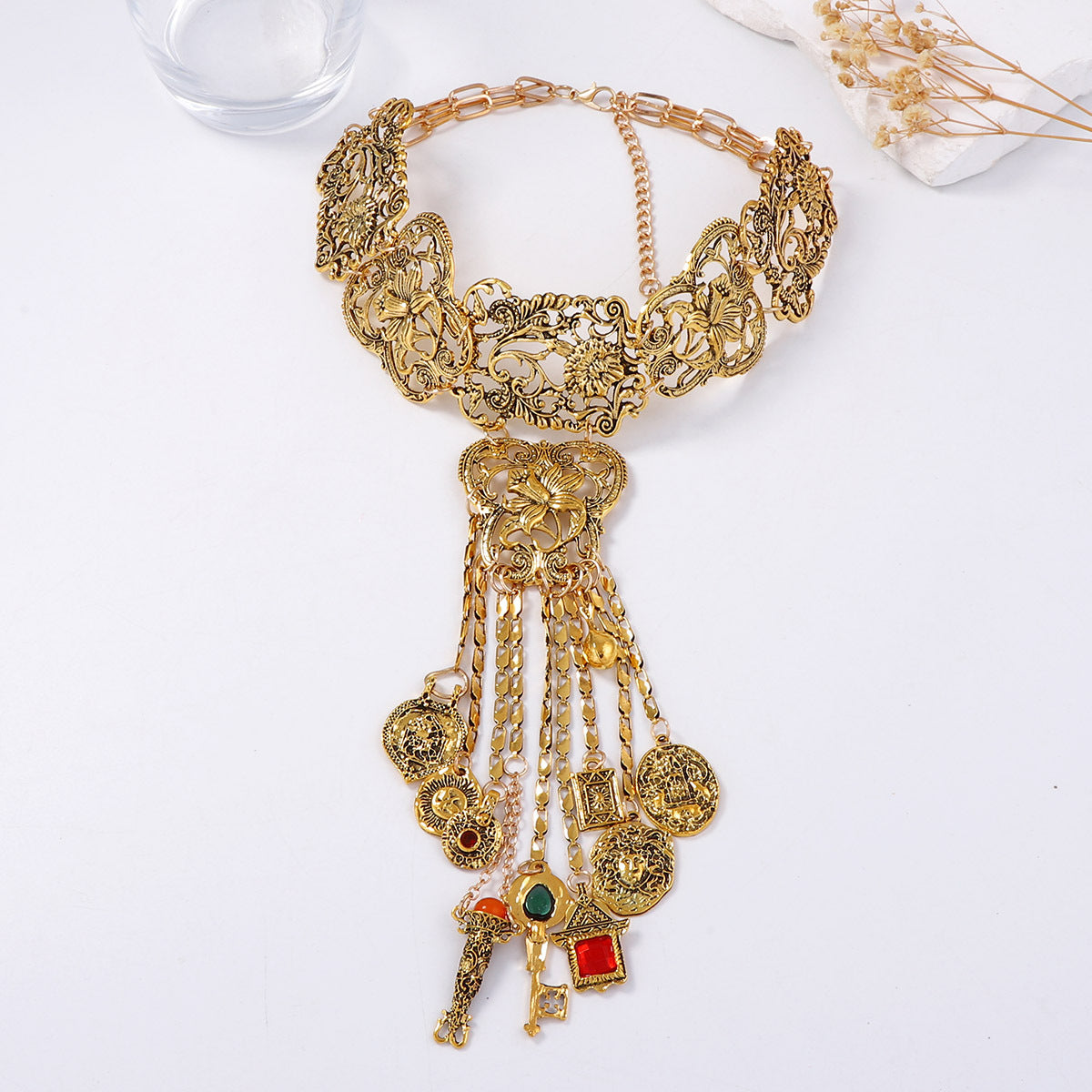 Bohemian Geometric Floral Tassel Statement Necklace