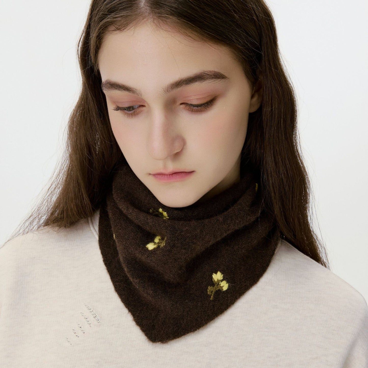 Vintage Floral Wool Knit Scarf Soft Triangular Wrap for Women