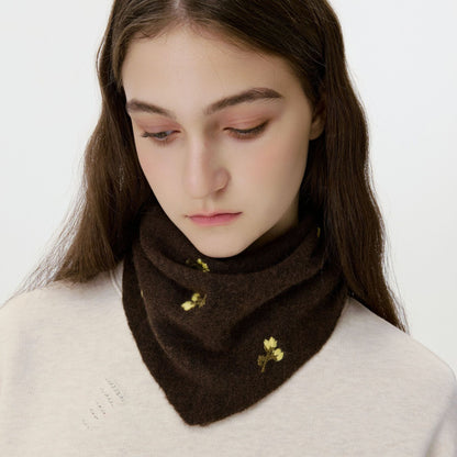 Vintage Floral Wool Knit Scarf Soft Triangular Wrap for Women