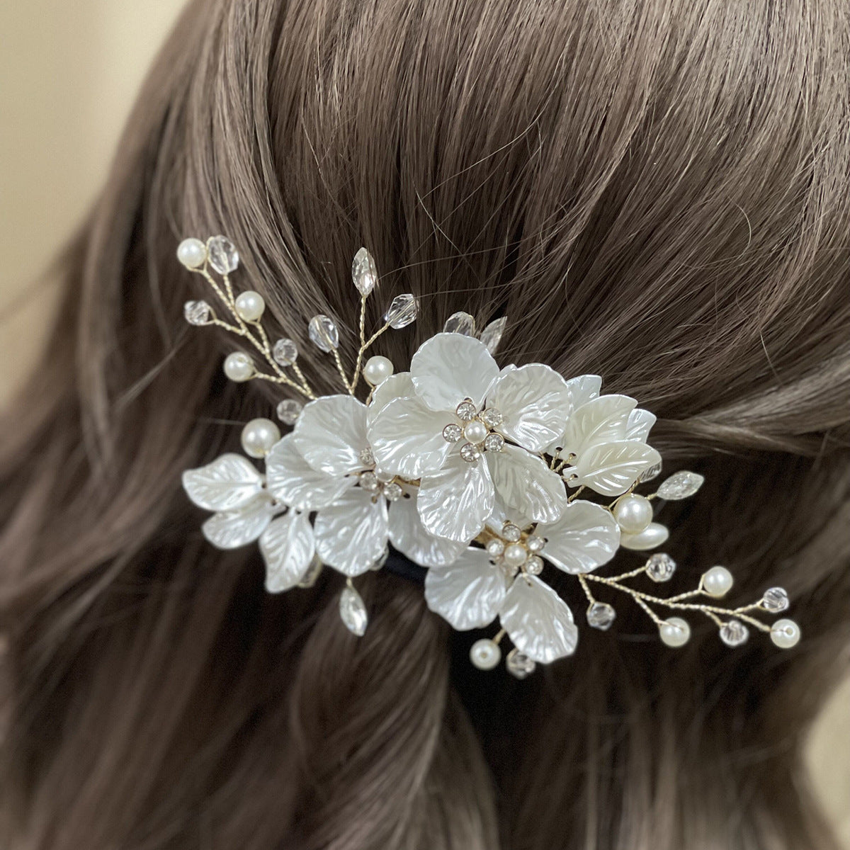 Pearl and Crystal Wedding Hair Clip with Shell Petal Design