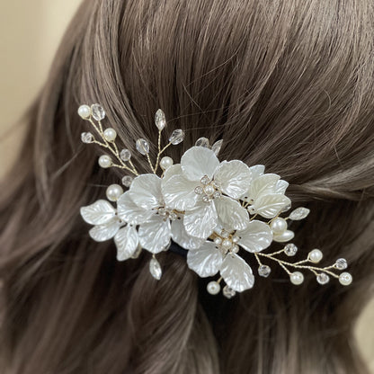 Pearl and Crystal Wedding Hair Clip with Shell Petal Design