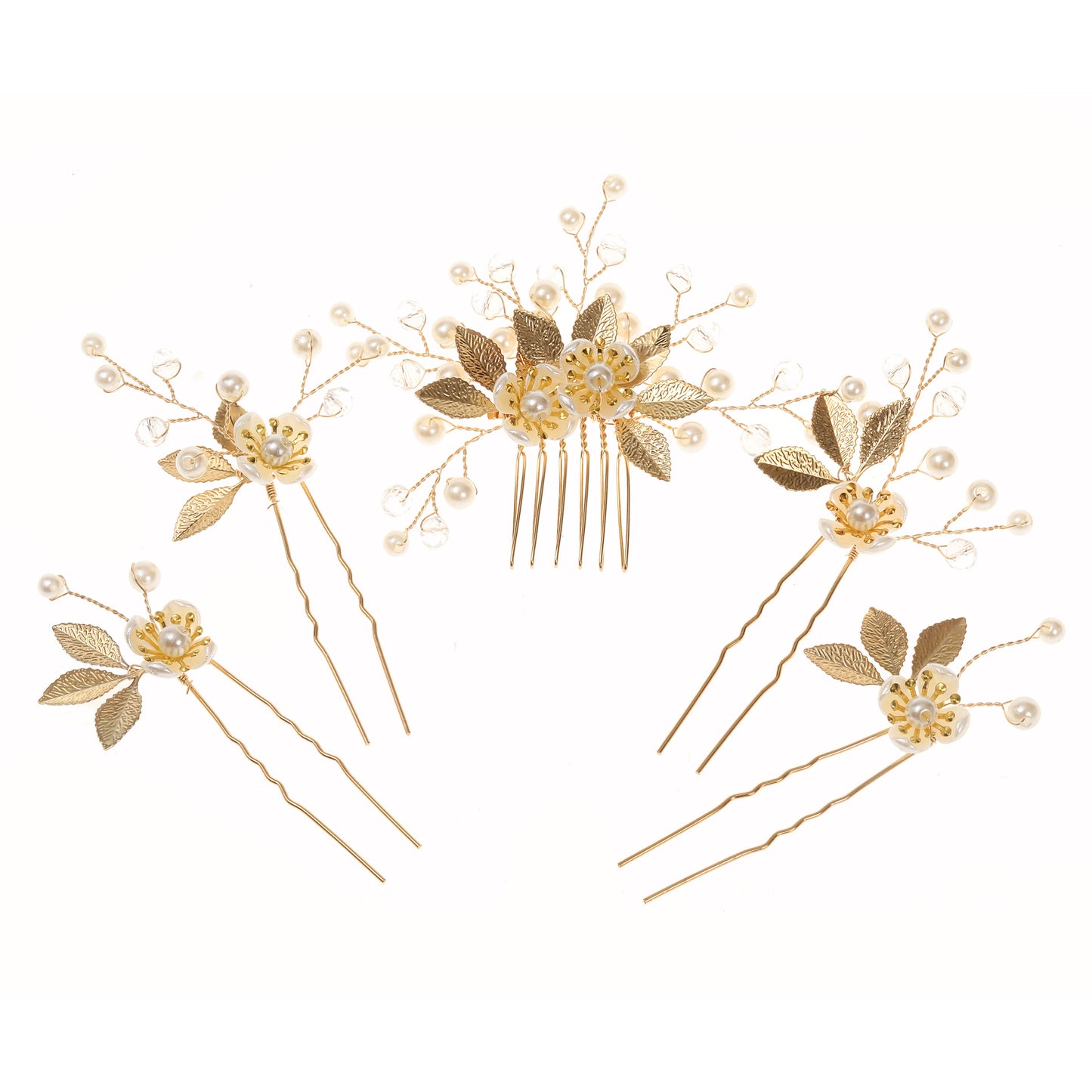 5 Piece Vintage Bridal Hair Clip Set with Pearls and Gold Leaves
