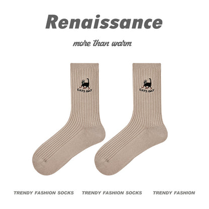 Mid Calf Panda Embroidered Combed Cotton Socks