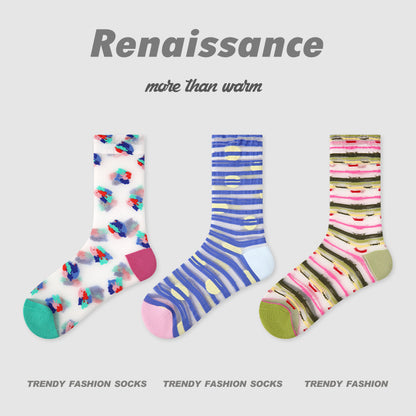 Renaissance Striped Mesh Mid Calf Cotton Socks
