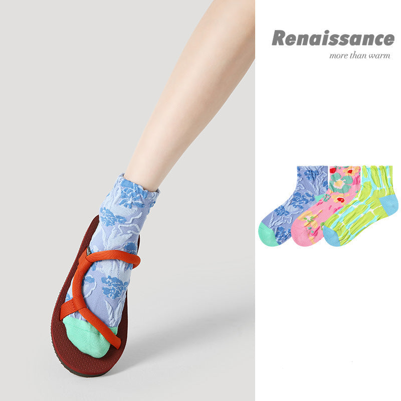 Socks Embossed Floral Combed Cotton Seamless Toe Casual