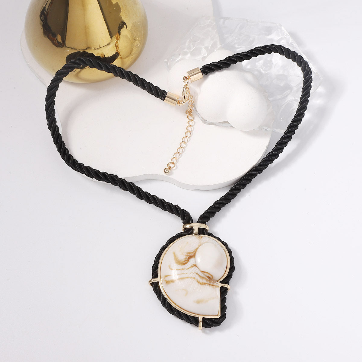 Resin Shell Pendant Ink Wash Adjustable Rope Choker