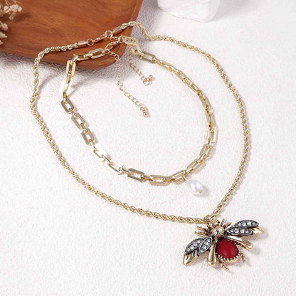 Set Of 2 Faux Pearl Bee Pendant Necklaces Micro Pave