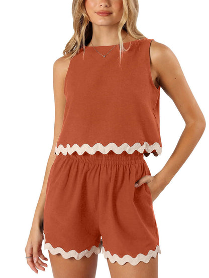 Summer Two-Piece Lace-Trimmed Tank Top and Shorts Set