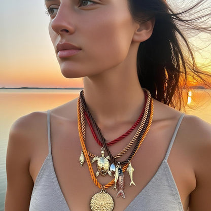 Braided Rope Necklace Ocean Animal Pendant Layered