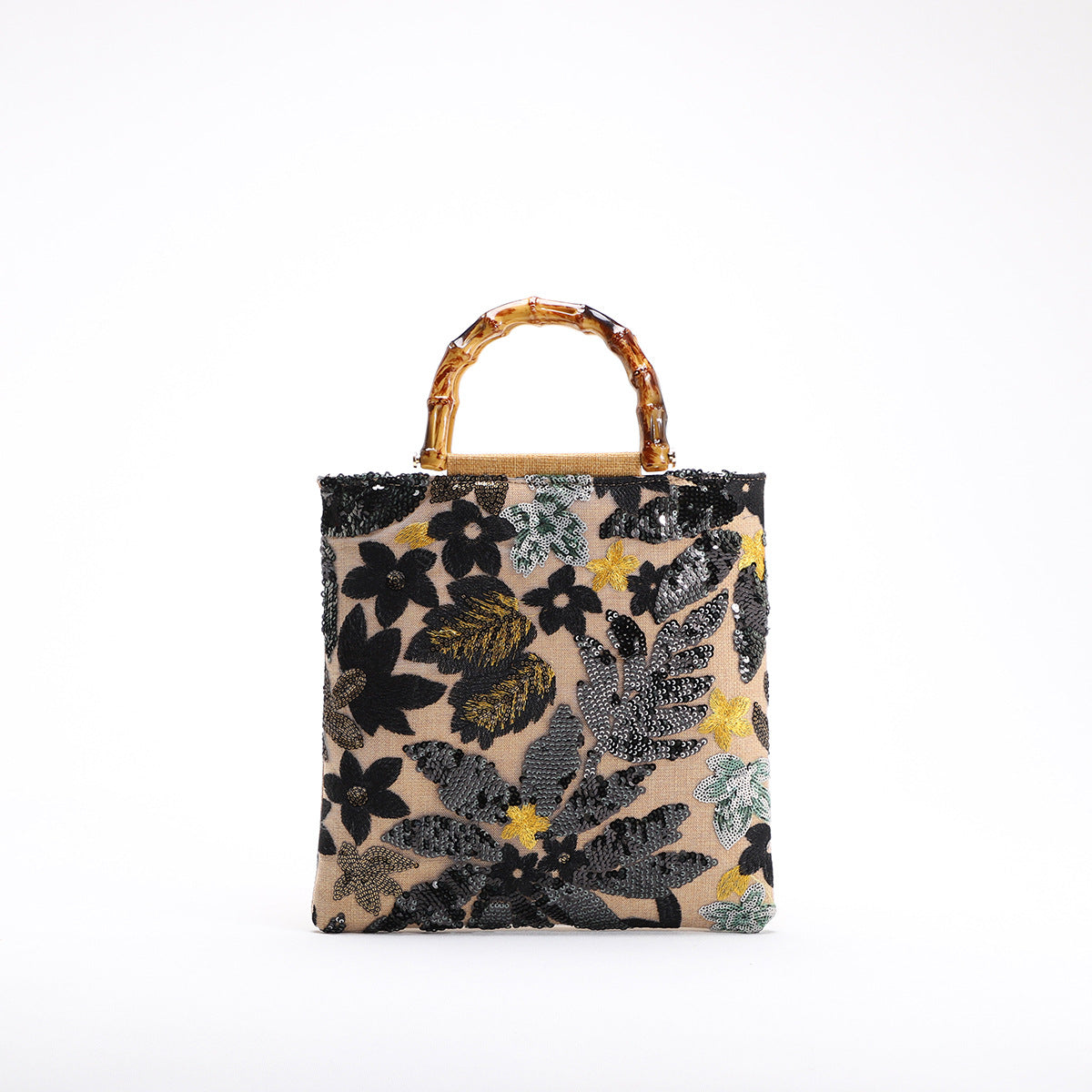 New Embroidered Sequin Bamboo Handle Evening Bag
